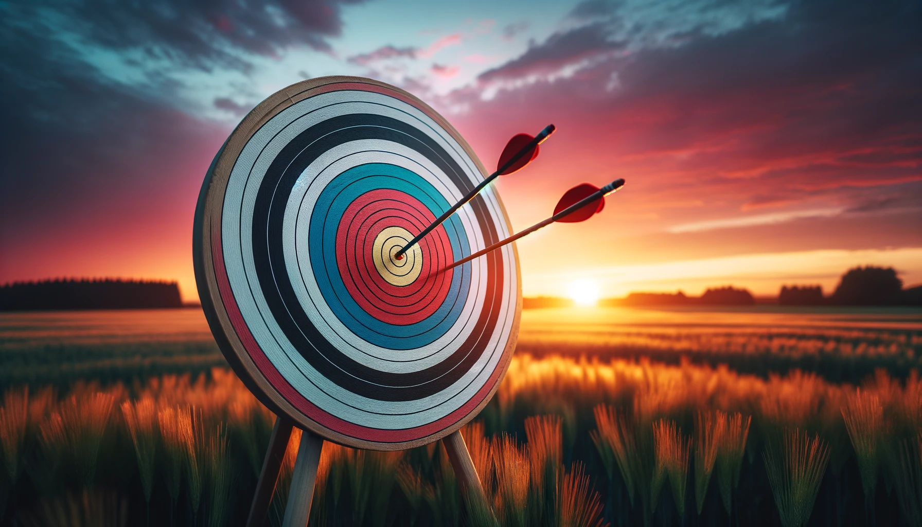 SJ PP - A photograph of a target or goal post in a field with a clear sky and vibrant sunset colors in the background